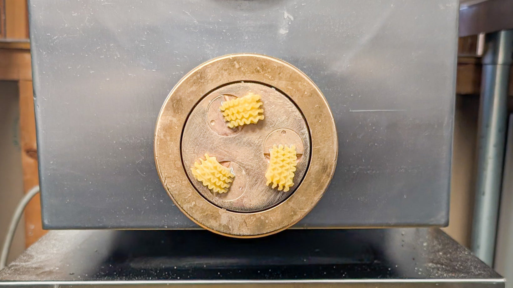 Pasta being processed by a machine with a basket of uncooked pasta below.